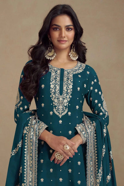 Teal Colour Semi Stitched Silk Palazzo Pant Suit SM1140670 A