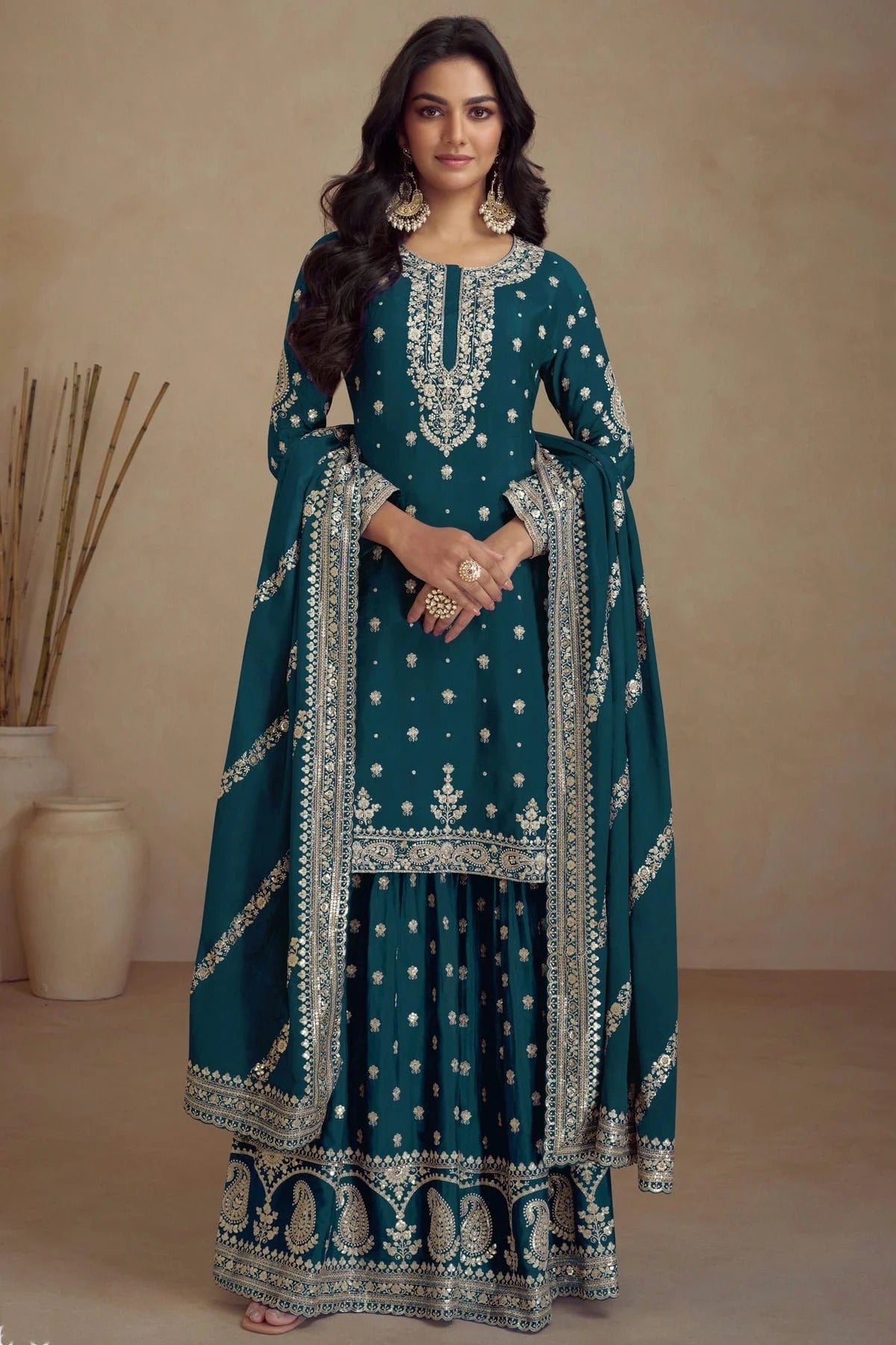 Teal Colour Semi Stitched Silk Palazzo Pant Suit SM1140670