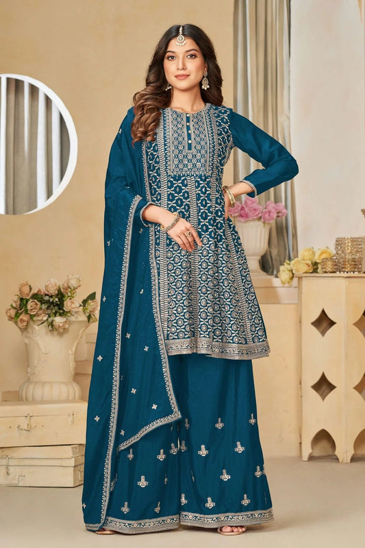 Teal Colour Sharara Suit Chinon Semi Stitched SM1050505