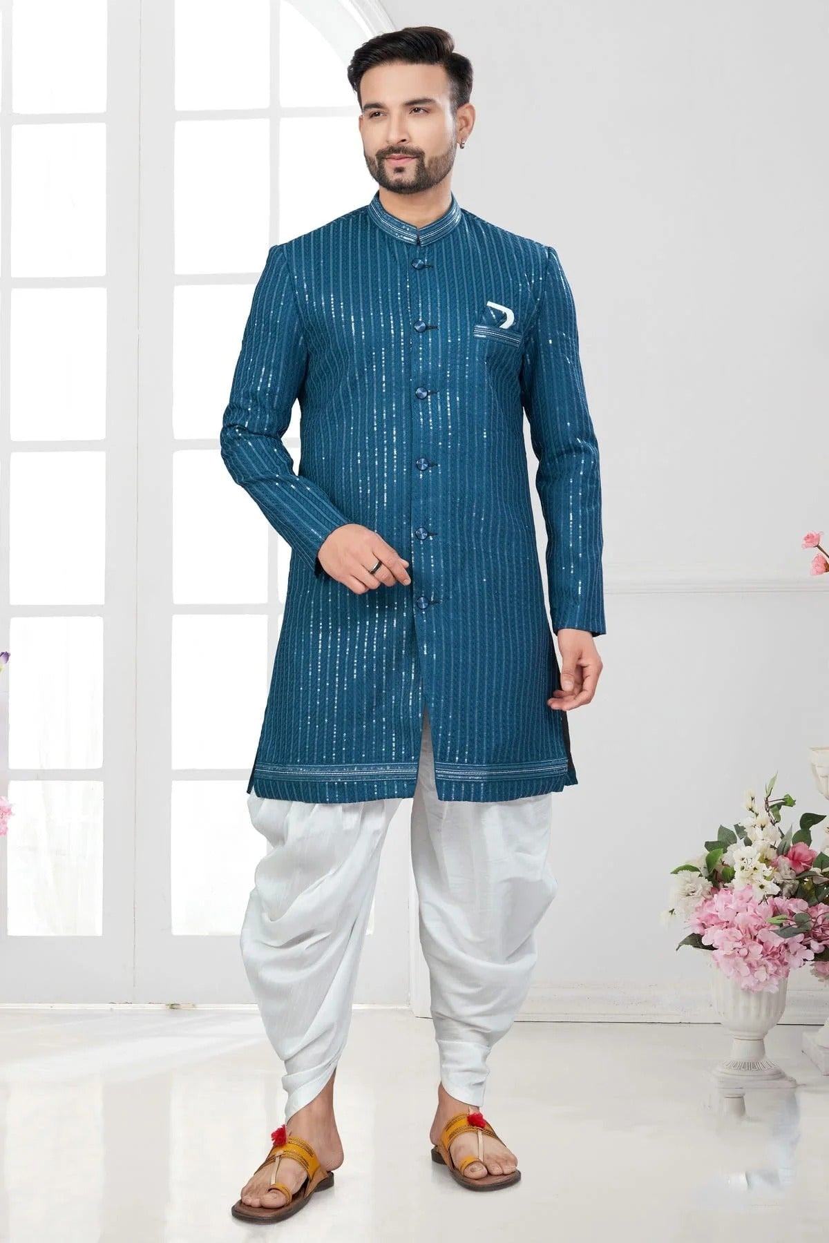 Teal Colour Silk Dupion Dhoti Sherwani SH1040633