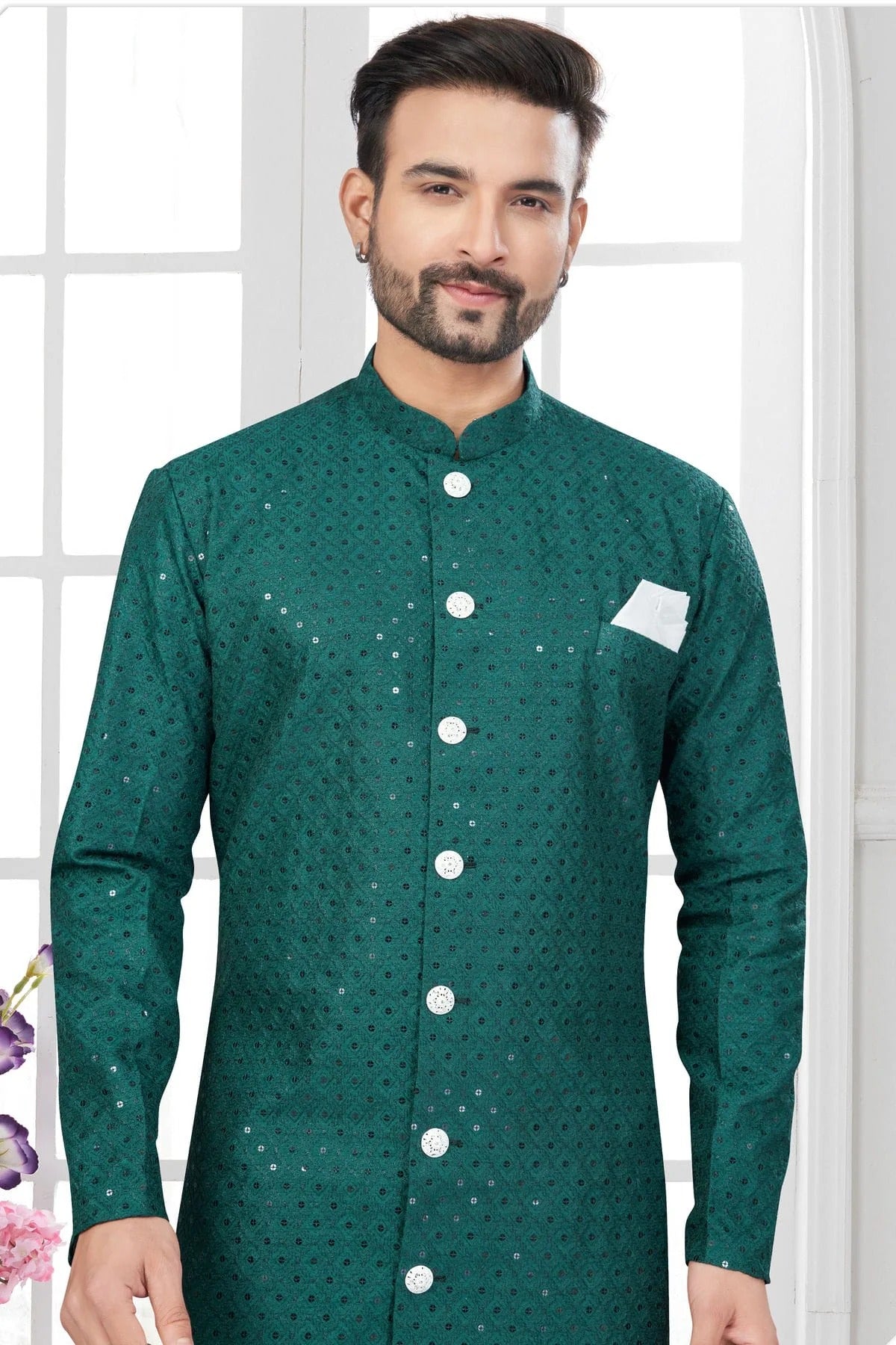 Teal Colour Silk Dupion Sherwani SH1040609 A