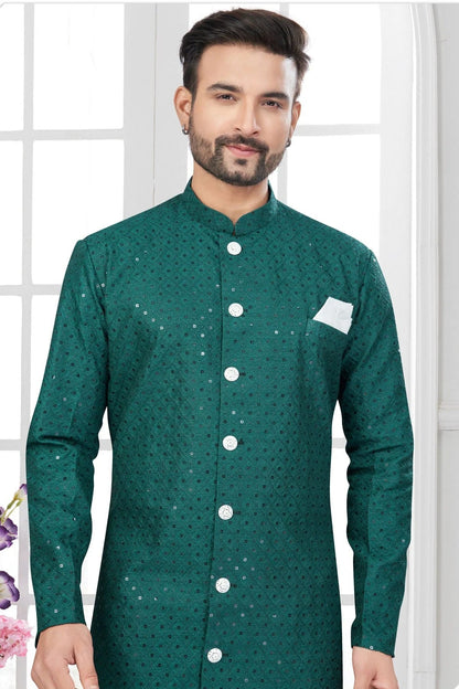 Teal Colour Silk Dupion Sherwani SH1040609 A