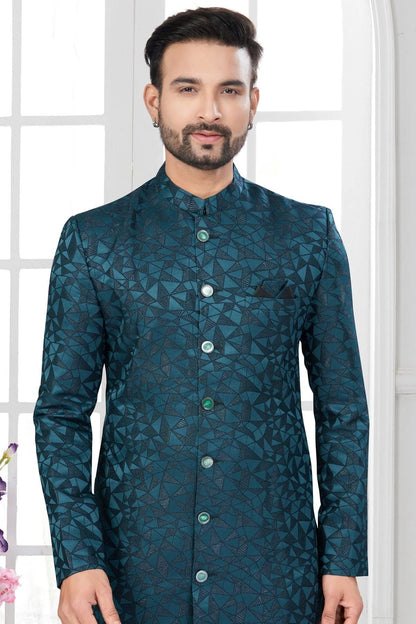 Teal Colour Silk Dupion Sherwani SH1040623 A