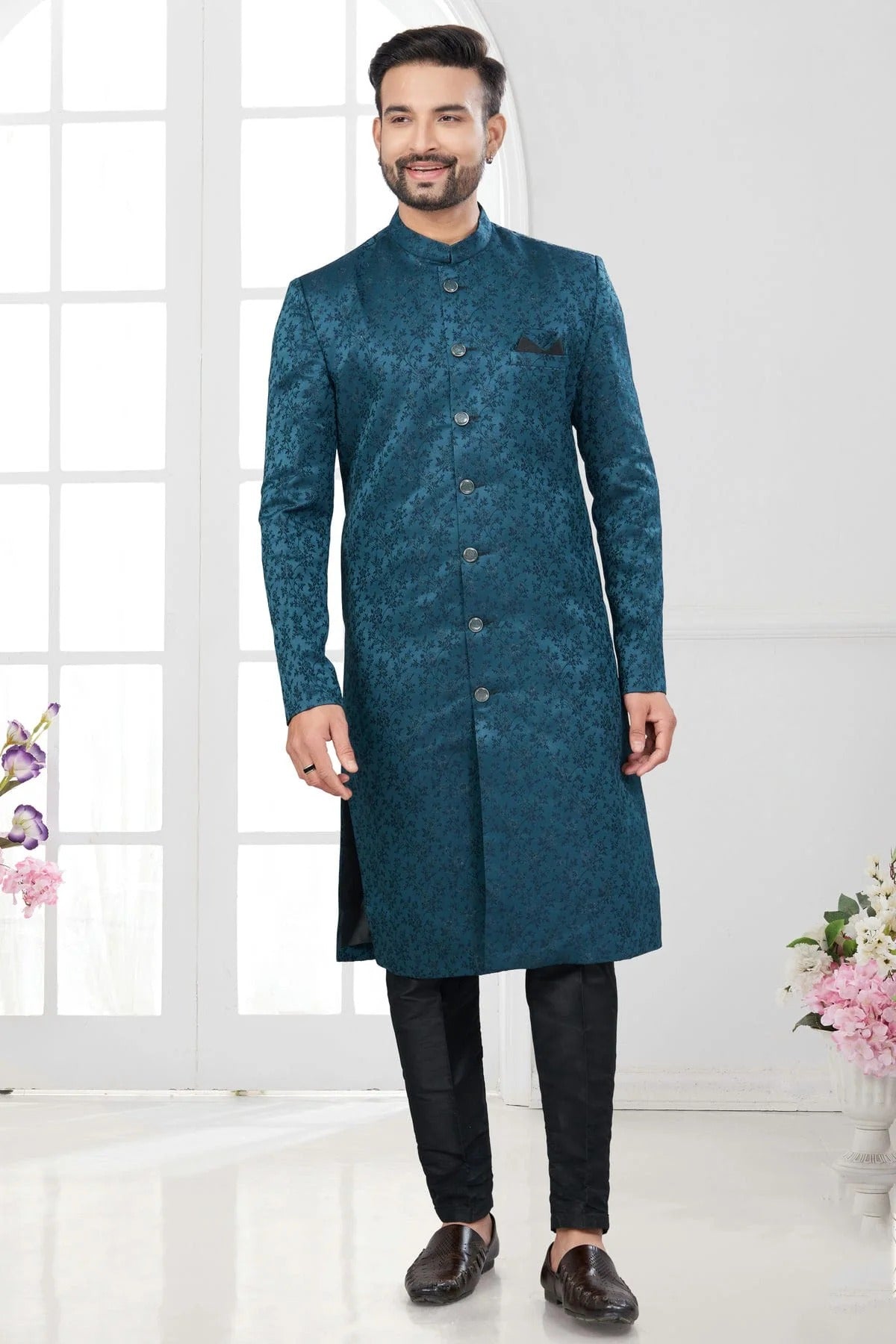 Teal Colour Silk Dupion Sherwani SH1040626