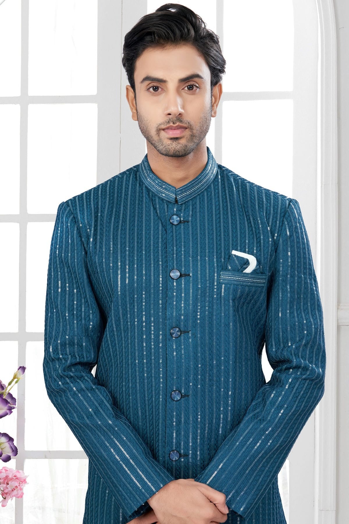 Teal Colour Silk Dupion Sherwani SH1040638 A