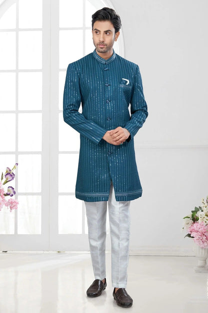 Teal Colour Silk Dupion Sherwani SH1040638