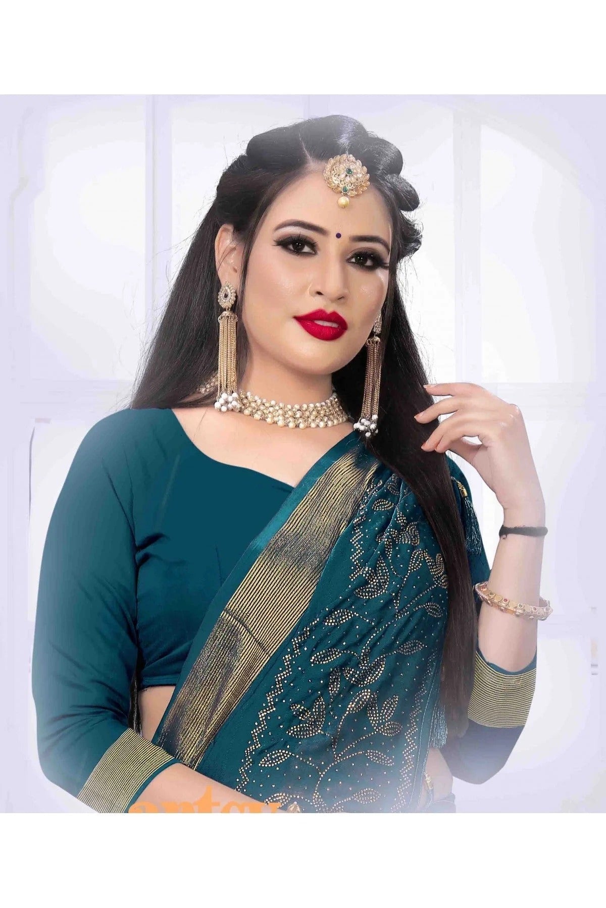 Teal Colour Silk Satin Designer Saree SD1120630 A