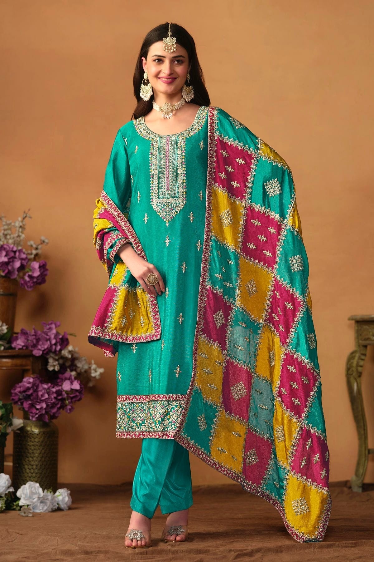 Teal Colour Straight Suit Chinon Silk Semi Stitched SM1050493