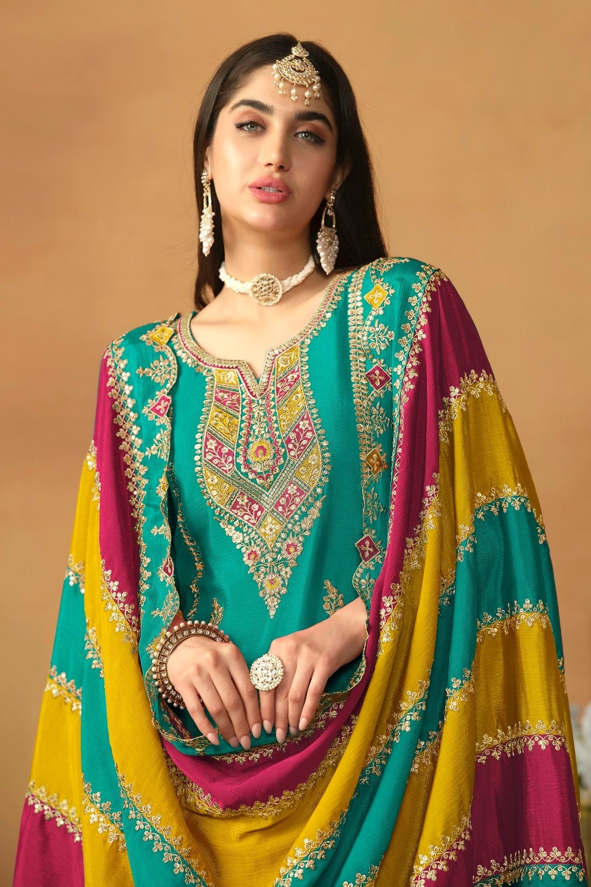 Teal Colour Straight Suit Chinon Silk Semi Stitched SM1050496 A