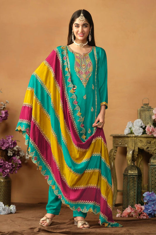 Teal Colour Straight Suit Chinon Silk Semi Stitched SM1050496