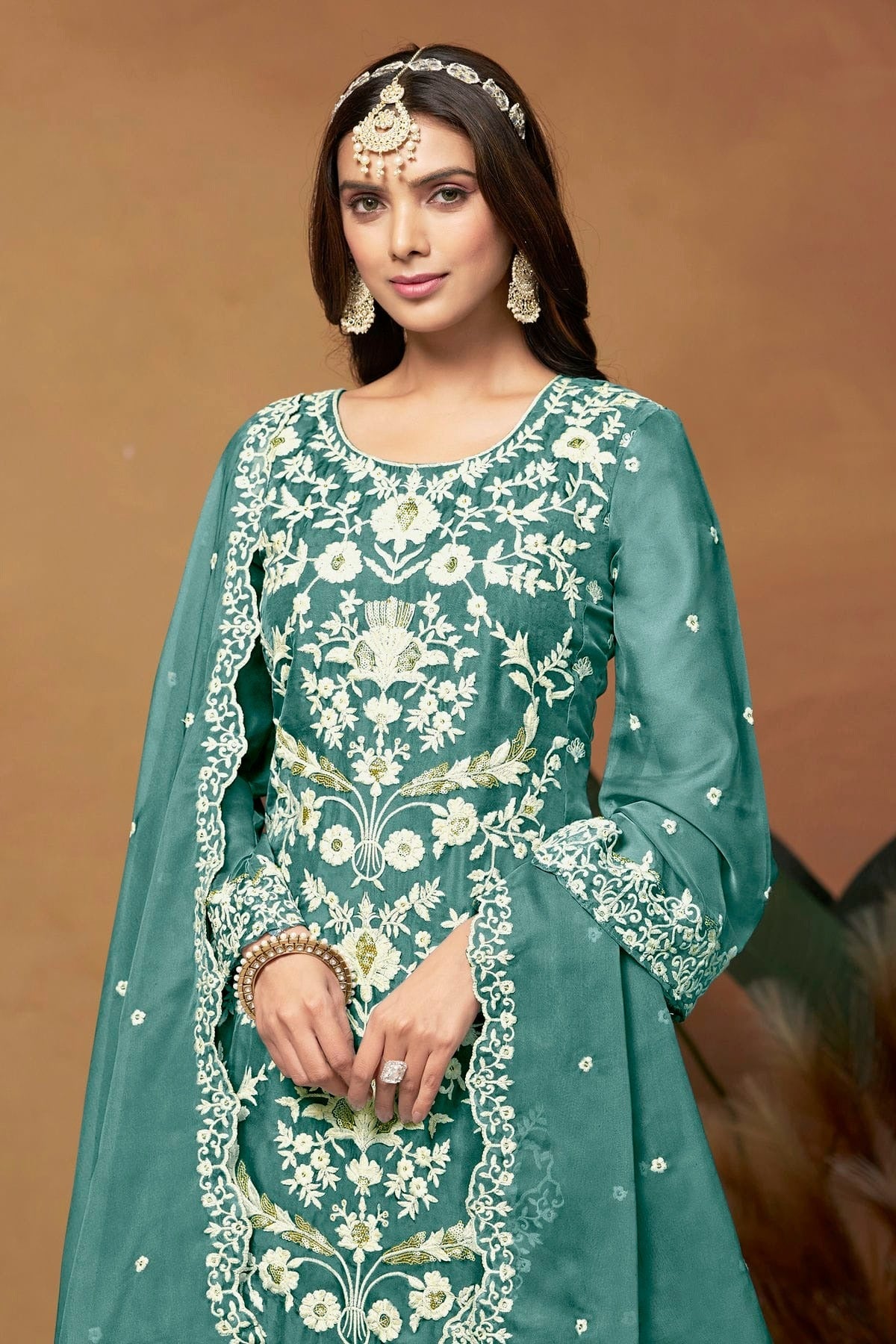Teal Colour Straight Suit Soft Organza Semi Stitched SM1050501 A