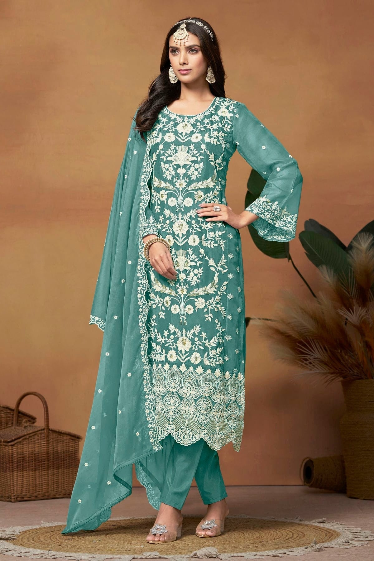 Teal Colour Straight Suit Soft Organza Semi Stitched SM1050501