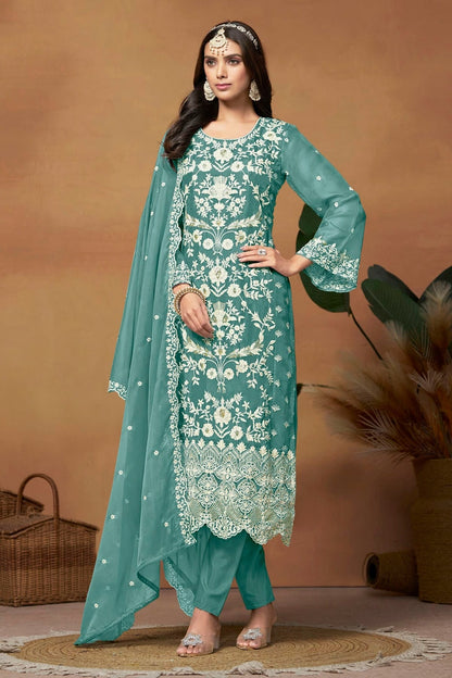 Teal Colour Straight Suit Soft Organza Semi Stitched SM1050501