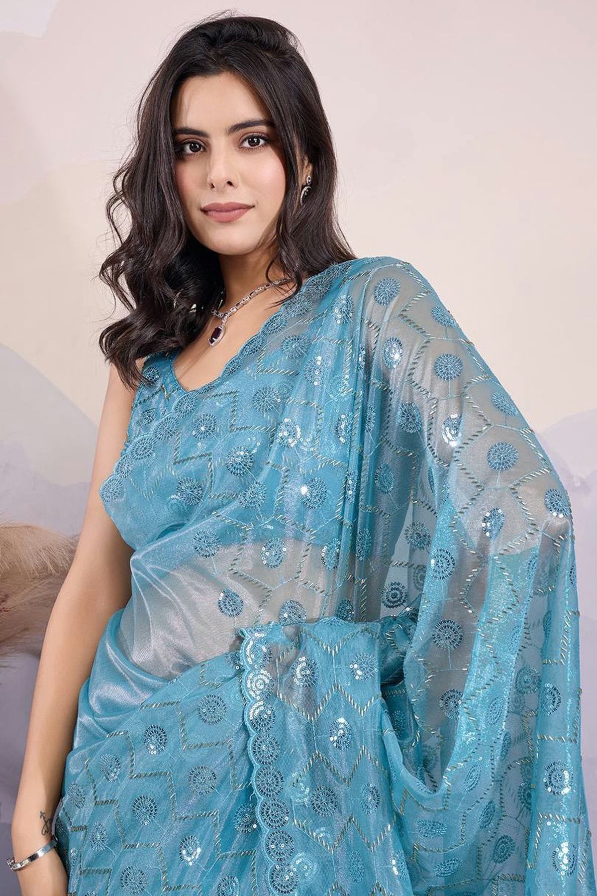 Teal Colour Twill Net Sequins Work Saree SD1290043 A