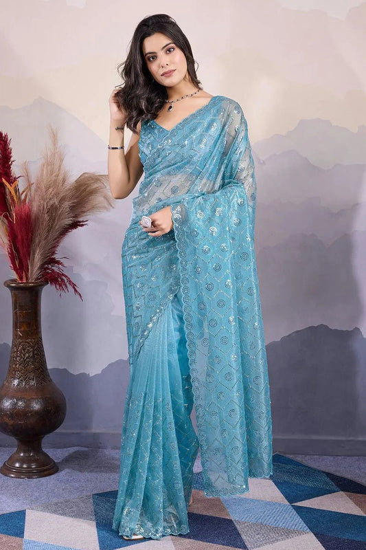 Teal Colour Twill Net Sequins Work Saree SD1290043