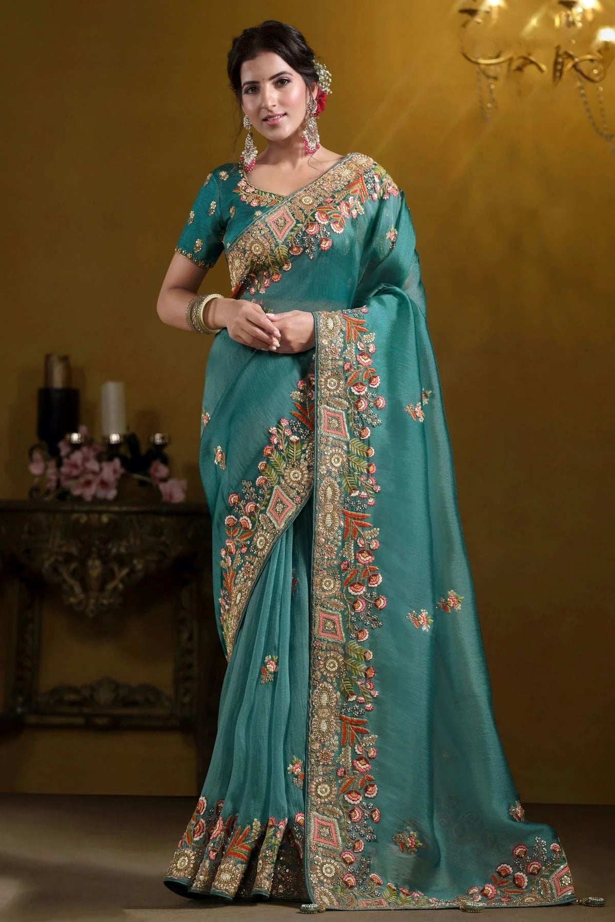 Teal Colour Twill Tissue Designer Saree SD1112602