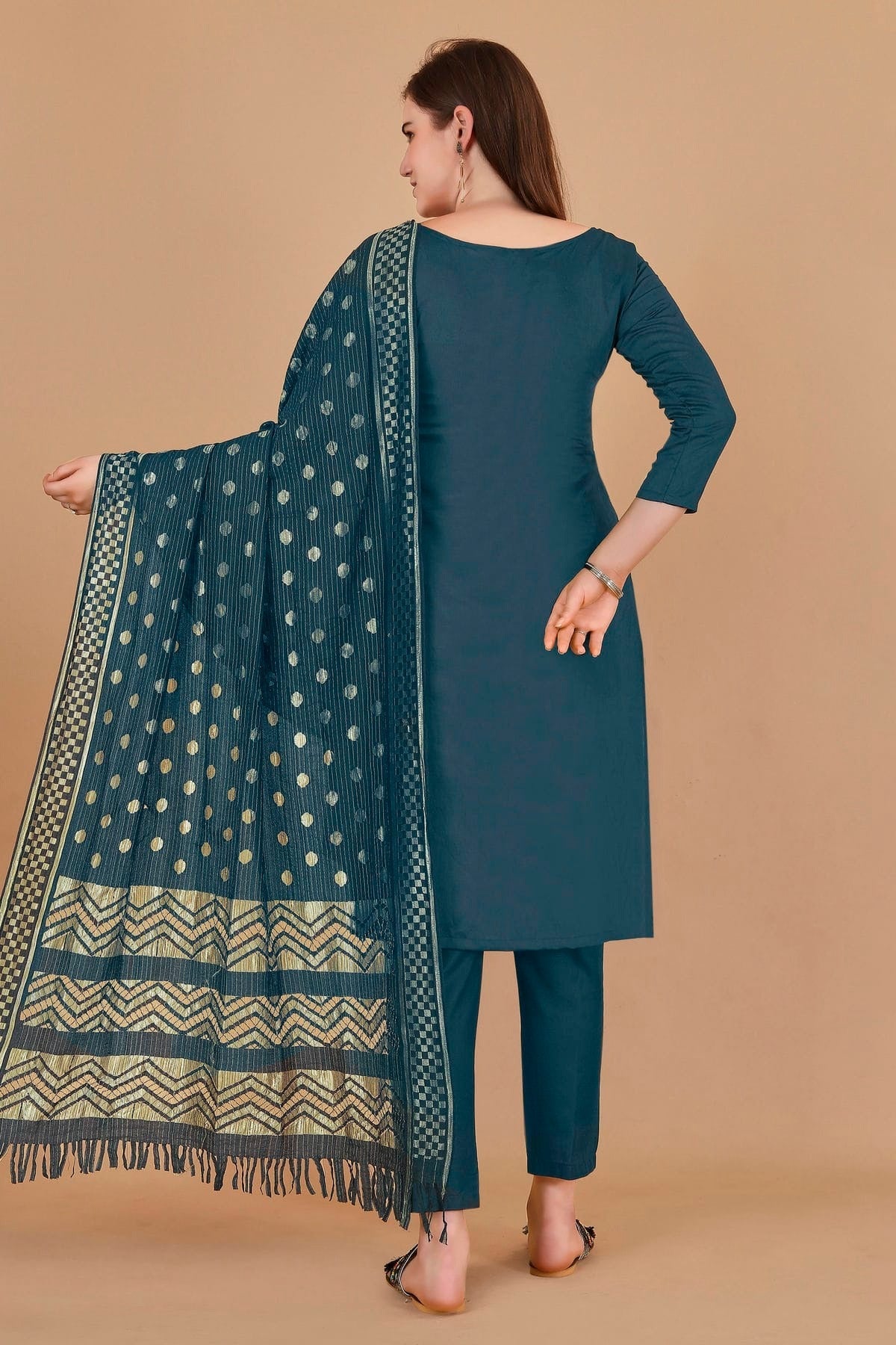 Teal Colour Unstitched Cotton Jacquard Straight Suit US1160883 A