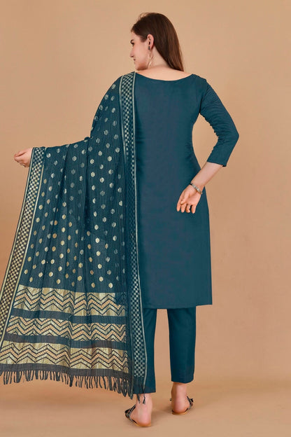 Teal Colour Unstitched Cotton Jacquard Straight Suit US1160883 A