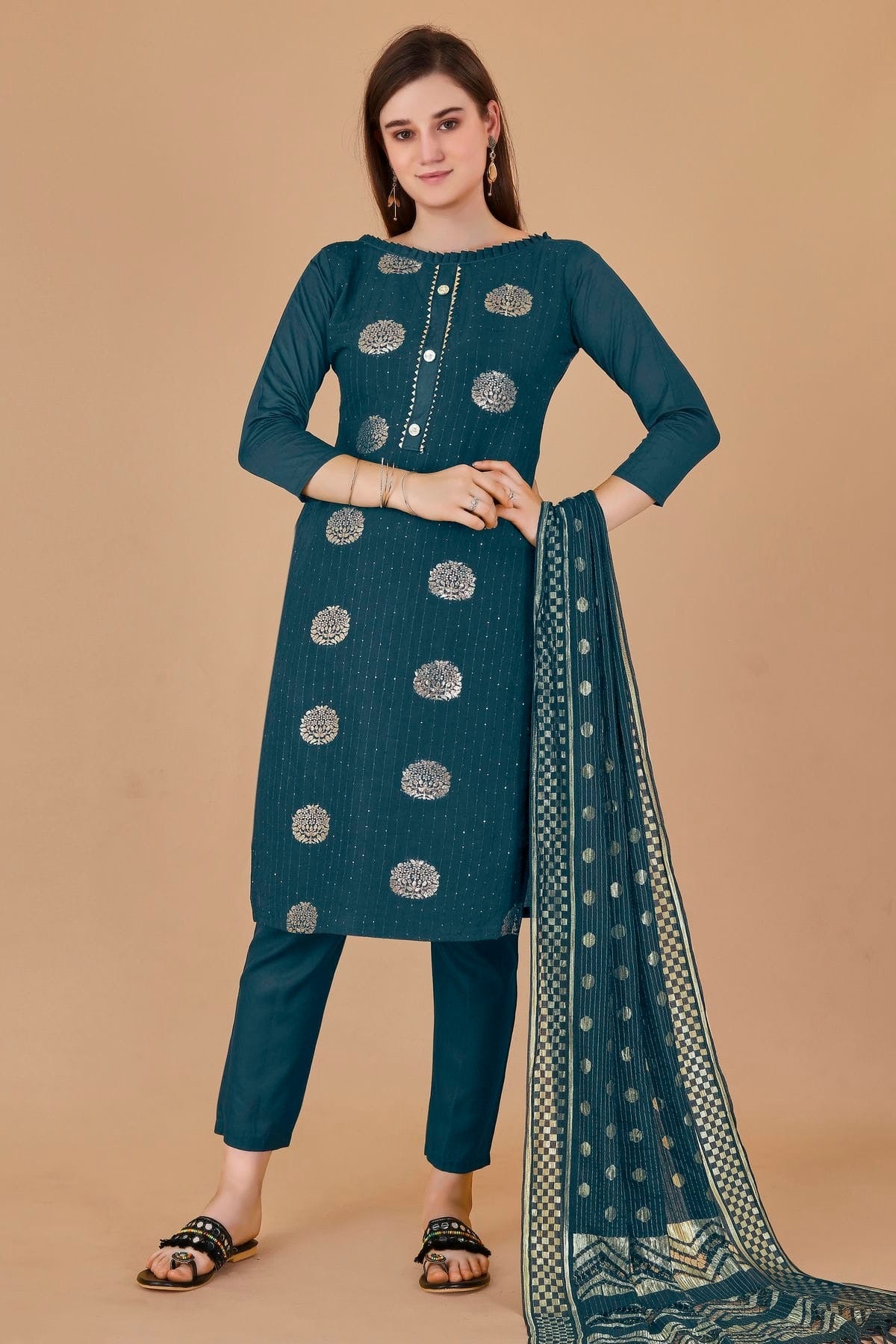 Teal Colour Unstitched Cotton Jacquard Straight Suit US1160883