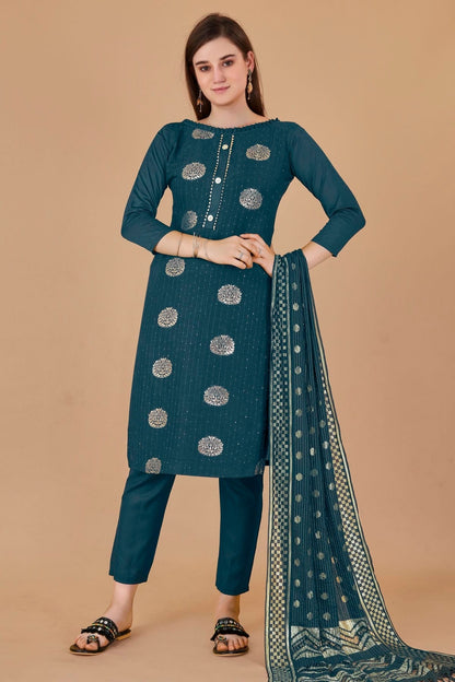 Teal Colour Unstitched Cotton Jacquard Straight Suit US1160883