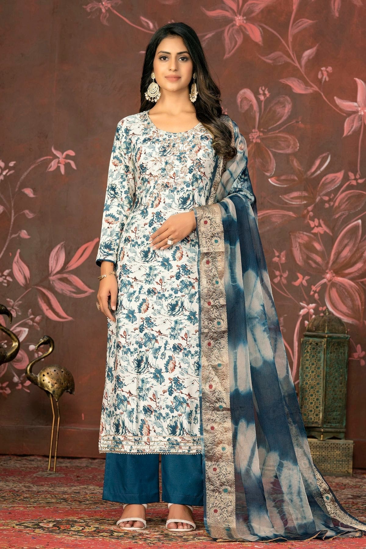 Teal Colour Unstitched Jam Cotton Straight Suit US1161327