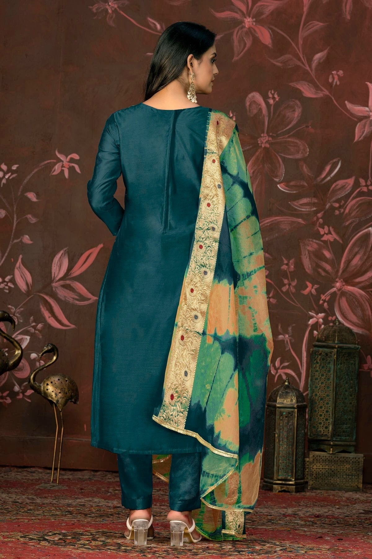 Teal Colour Unstitched Modal Cotton Pant Style Suit US1161239 A