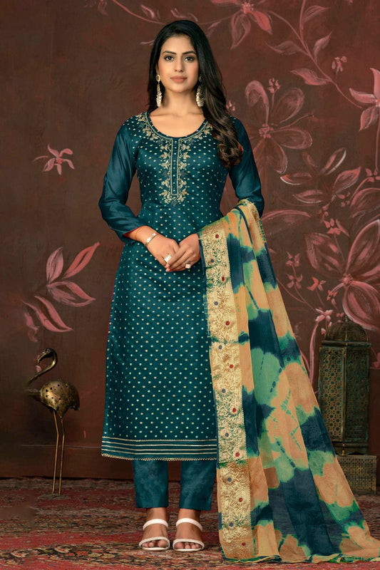 Teal Colour Unstitched Modal Cotton Pant Style Suit US1161239