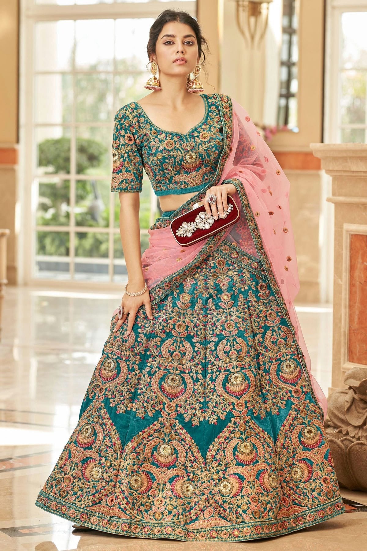 Teal Colour Velvet Lehenga Choli LC1010274 1