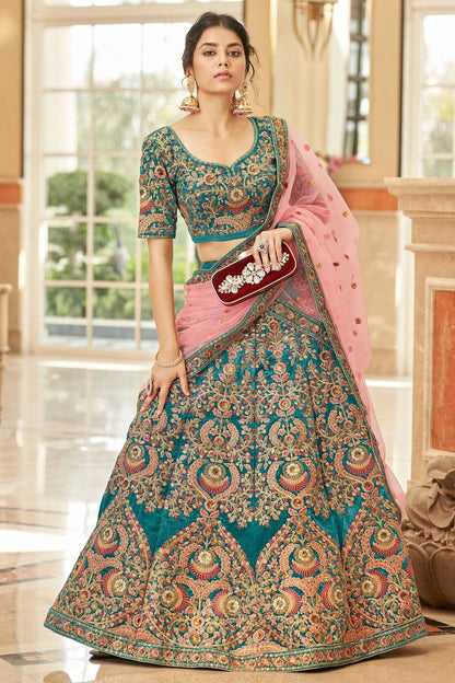 Teal Colour Velvet Lehenga Choli LC1010274 1