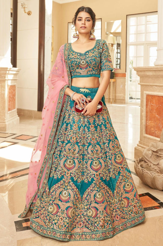 Teal Colour Velvet Lehenga Choli LC1010274