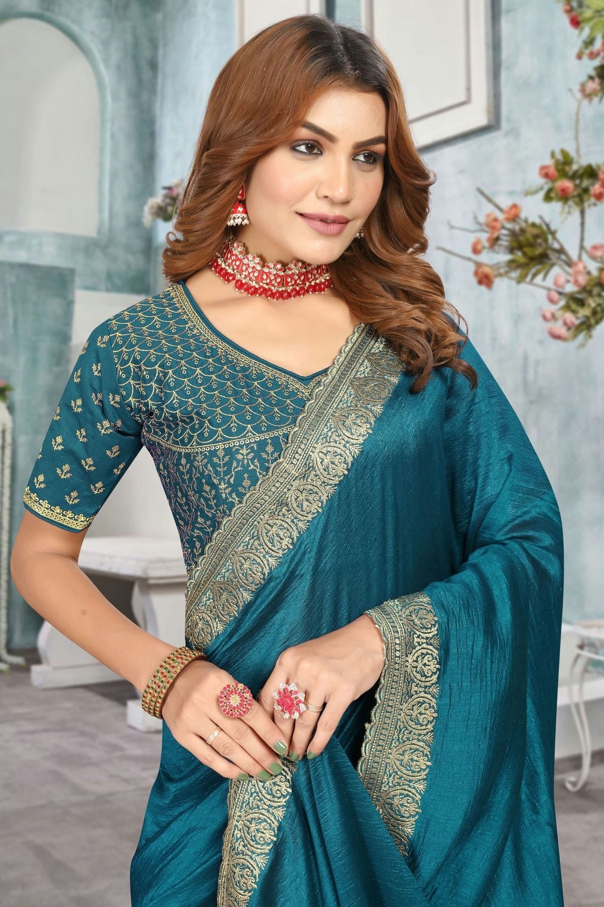 Teal Colour Vichitra Bloming Designer Saree SD1091226 A