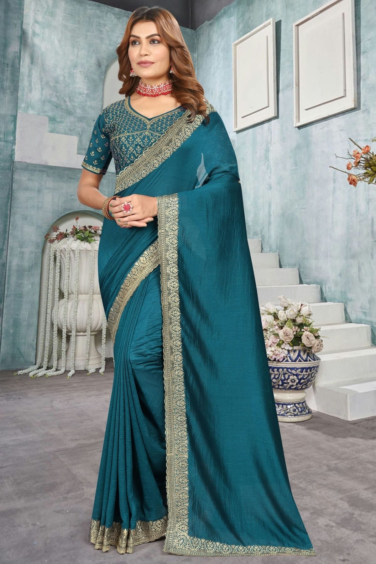 Teal Colour Vichitra Bloming Designer Saree SD1091226
