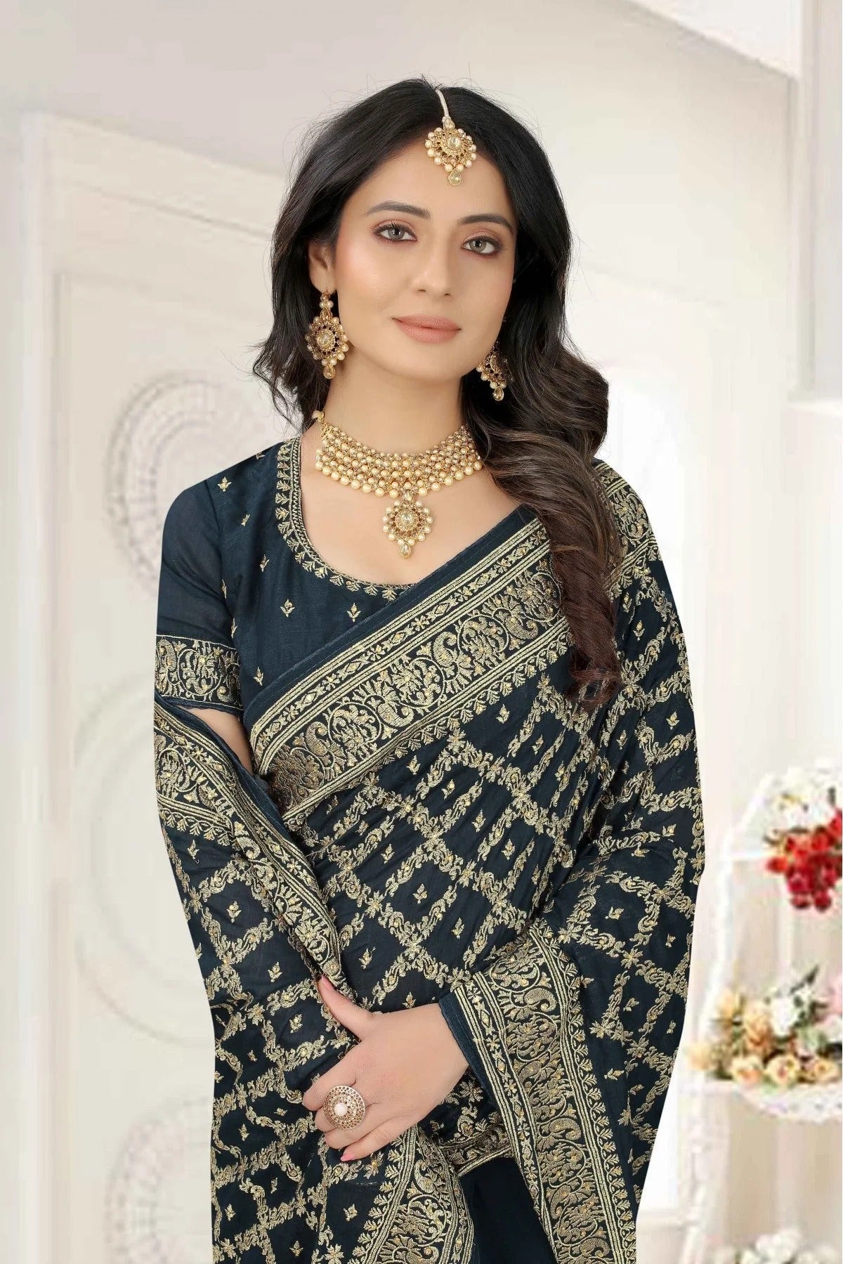 Teal Colour Vichitra Silk Embroidery Saree SD1120950 A