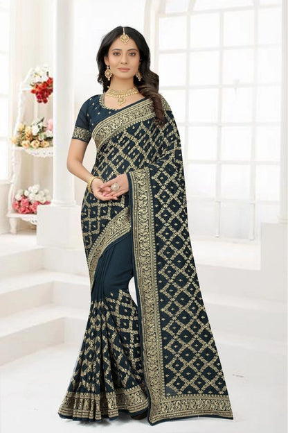Teal Colour Vichitra Silk Embroidery Saree SD1120950
