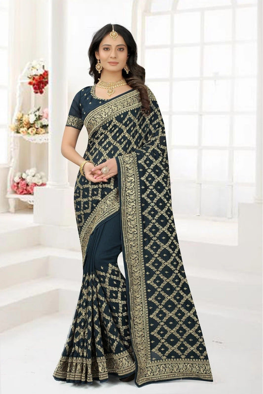 Teal Colour Vichitra Silk Embroidery Saree SD1120950