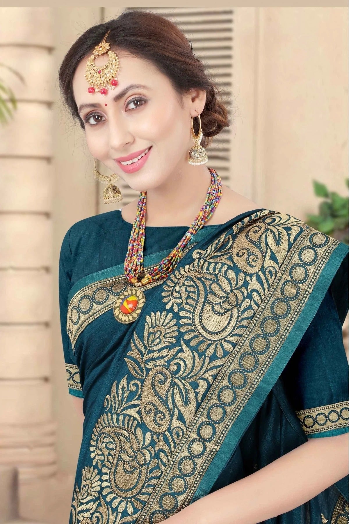 Teal Colour Vichitra Silk Embroidery Saree SD1120956 A