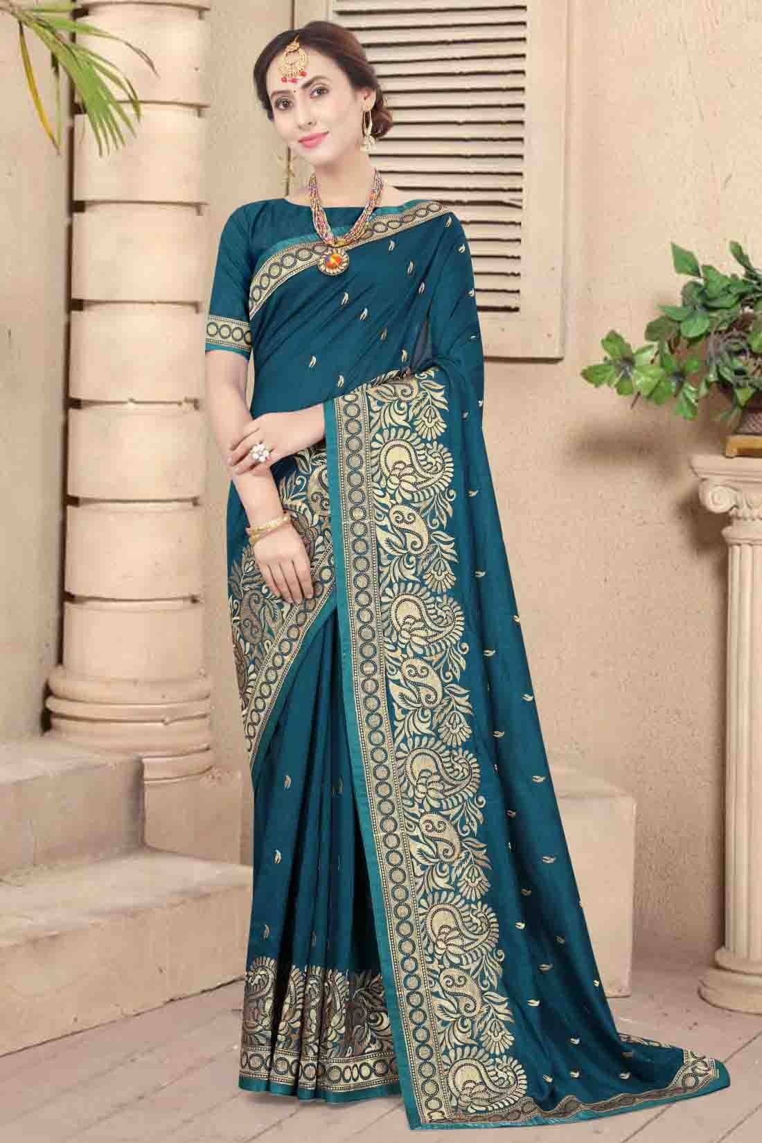 Teal Colour Vichitra Silk Embroidery Saree SD1120956