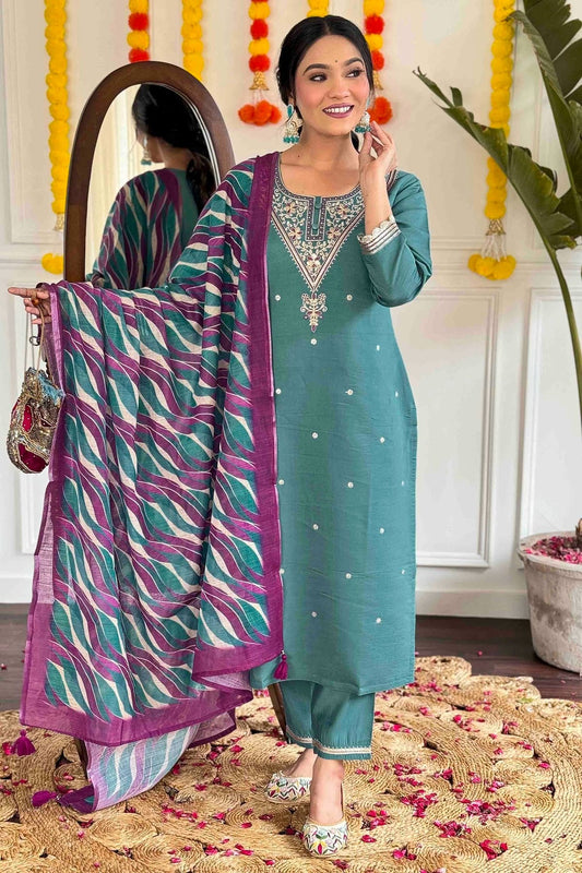 Teal Colour Viscose Chanderi Stitched Suit SS1113295