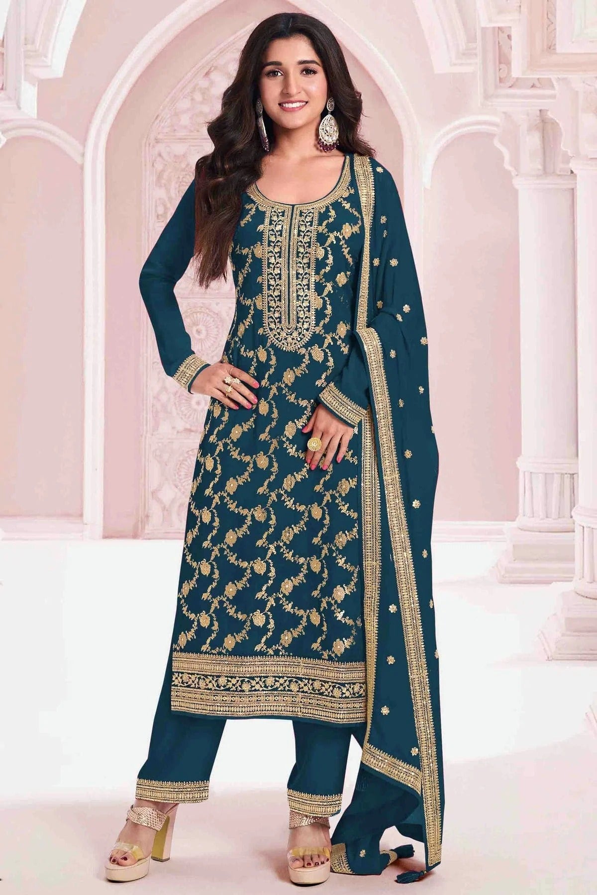 Teal Colour Viscose Jacquard Pant Style Suit SM1140913