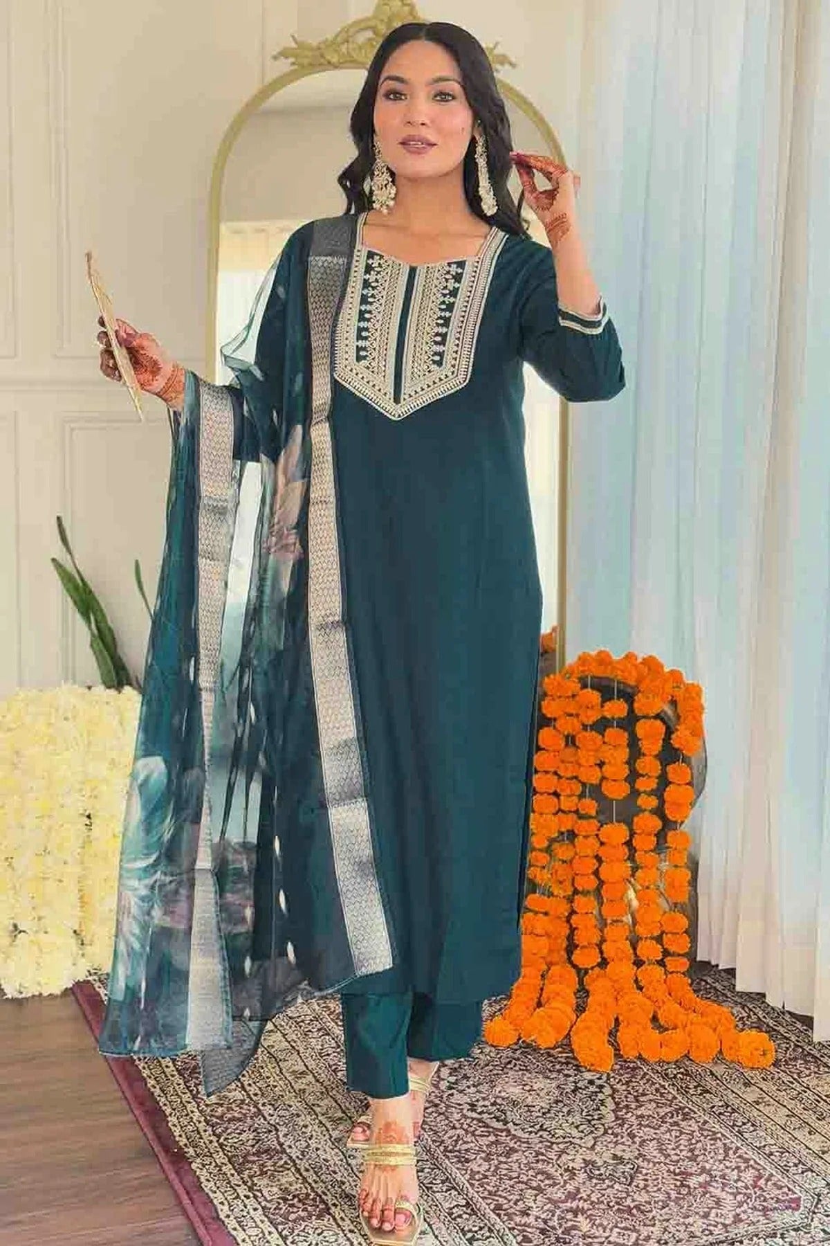 Teal Colour Viscose Stitched Suit SS1112991