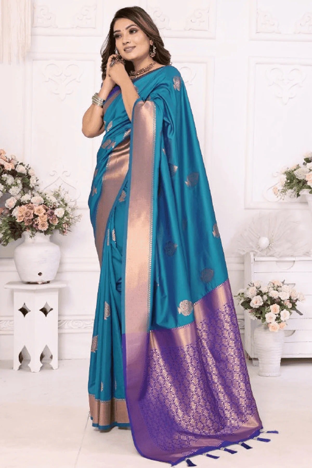 Teal Colour Woven Work Lichi Soft Silk Traditional Saree SD1250311 A