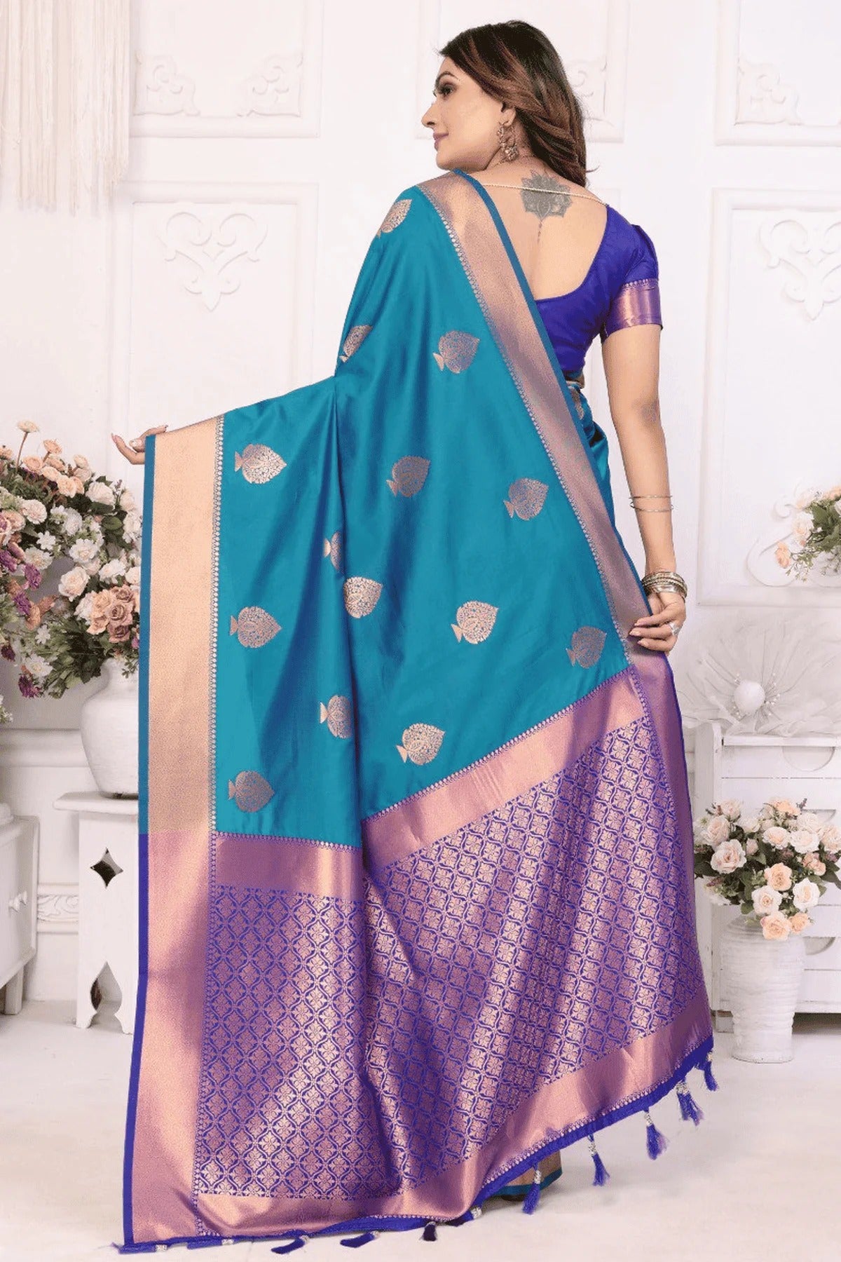 Teal Colour Woven Work Lichi Soft Silk Traditional Saree SD1250311 B