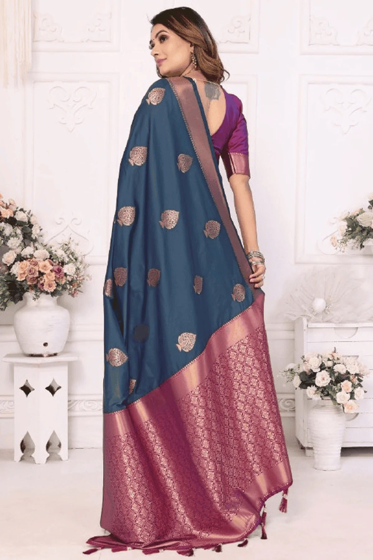 Teal Colour Woven Work Lichi Soft Silk Traditional Saree SD1250316 B