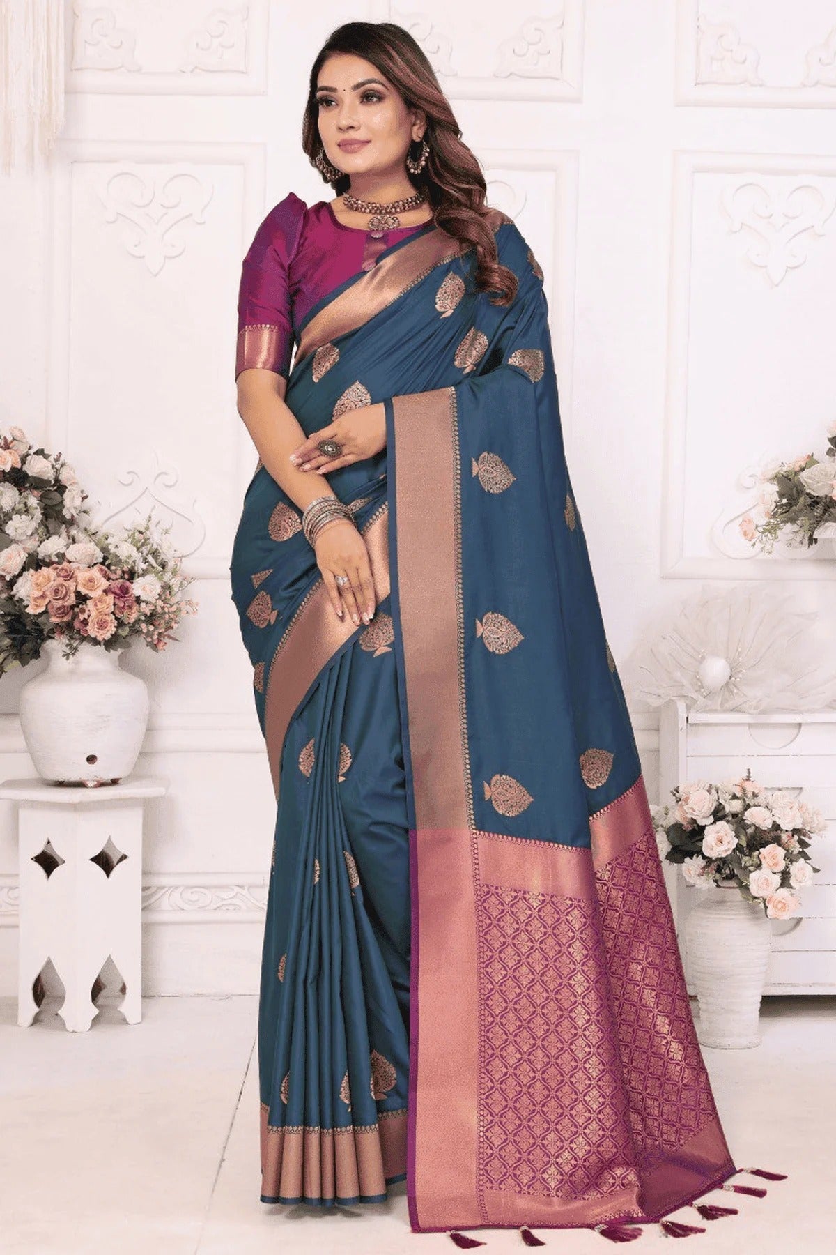 Teal Colour Woven Work Lichi Soft Silk Traditional Saree SD1250316