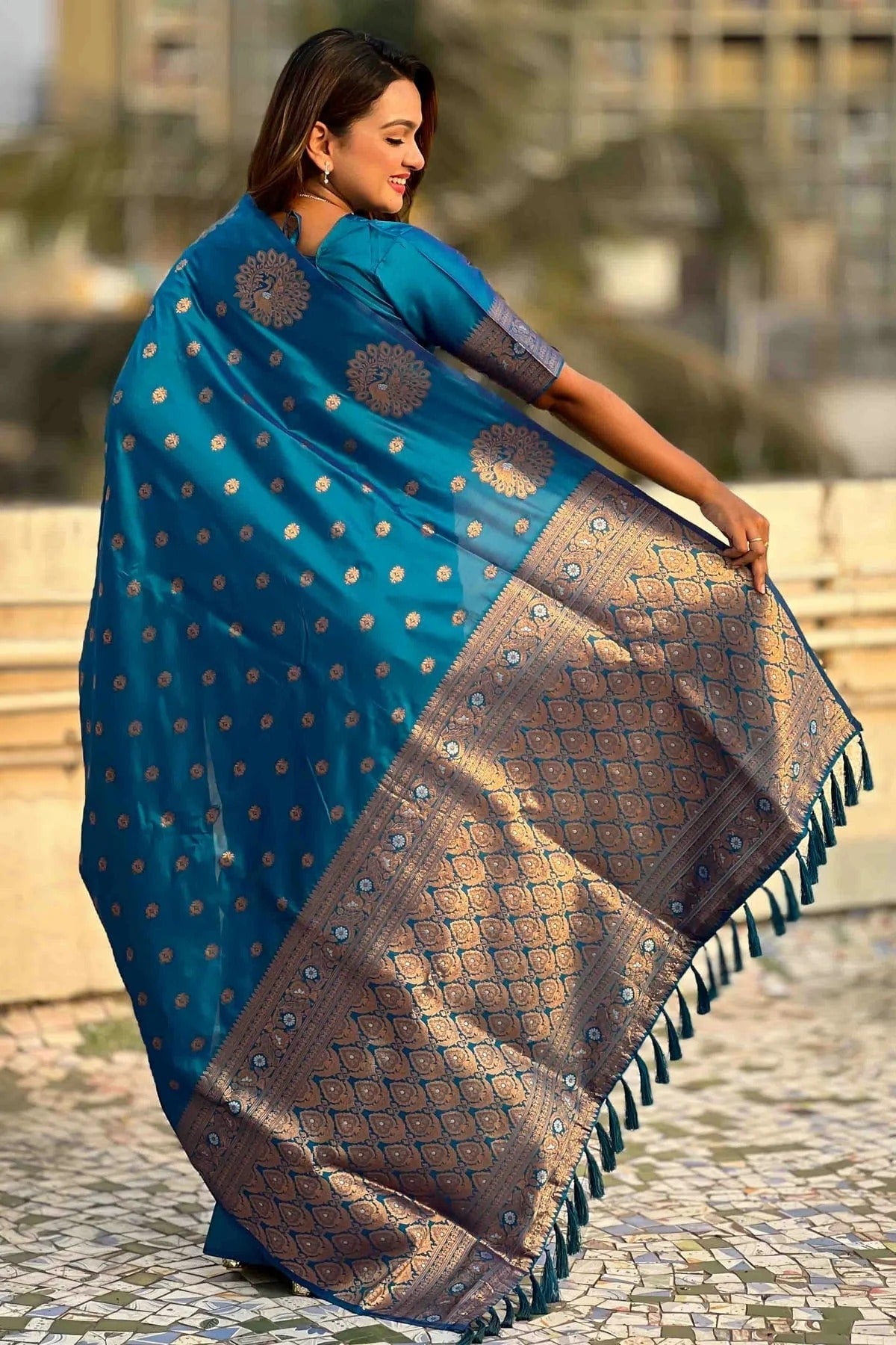 Teal Colour Zari Work Moonga Silk Traditional Sarees SD1113347 A