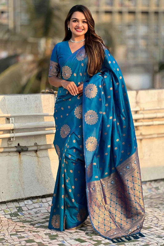 Teal Colour Zari Work Moonga Silk Traditional Sarees SD1113347