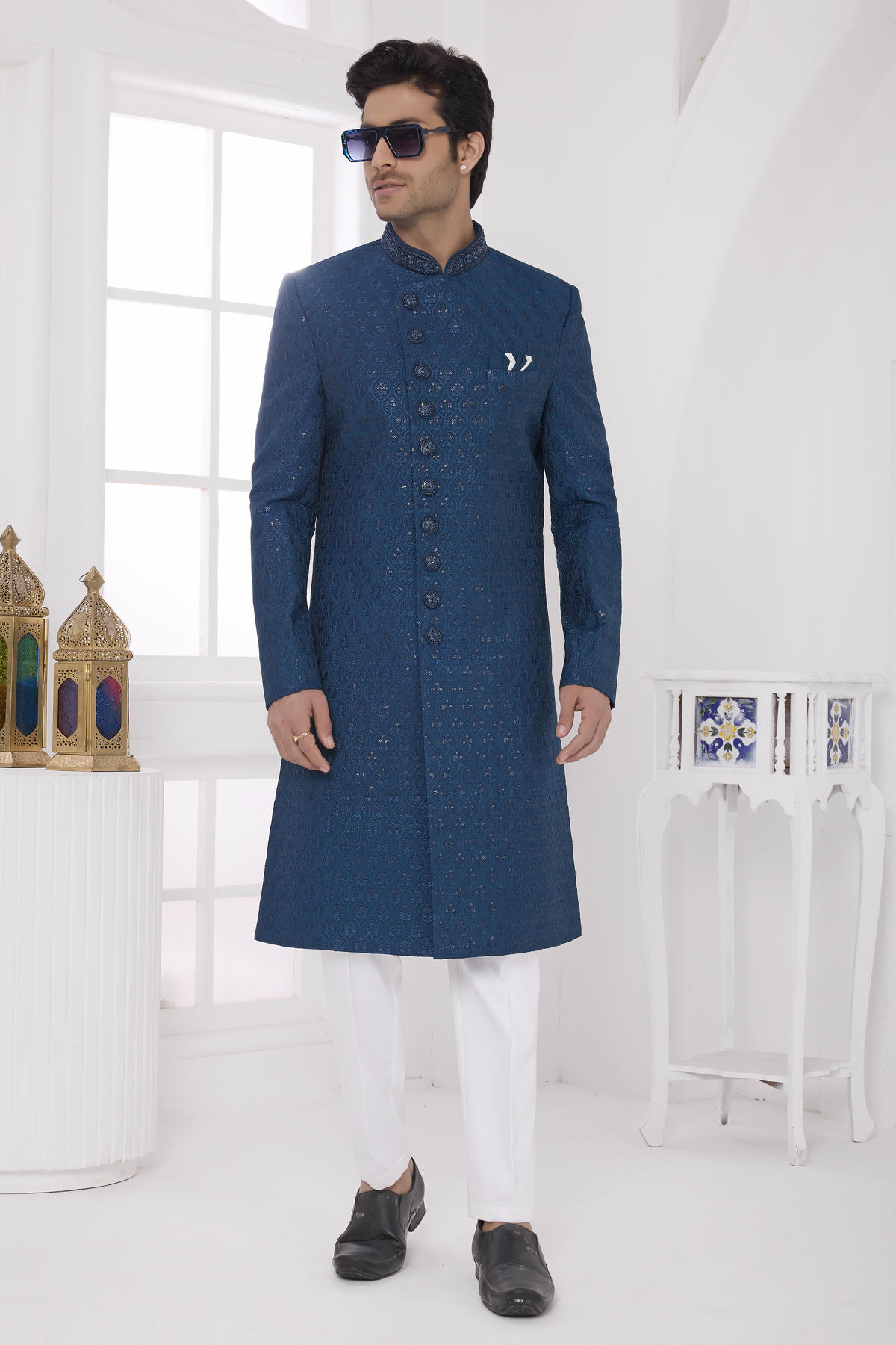 Teal Green Colour Art Silk Embroidery Work Sherwani