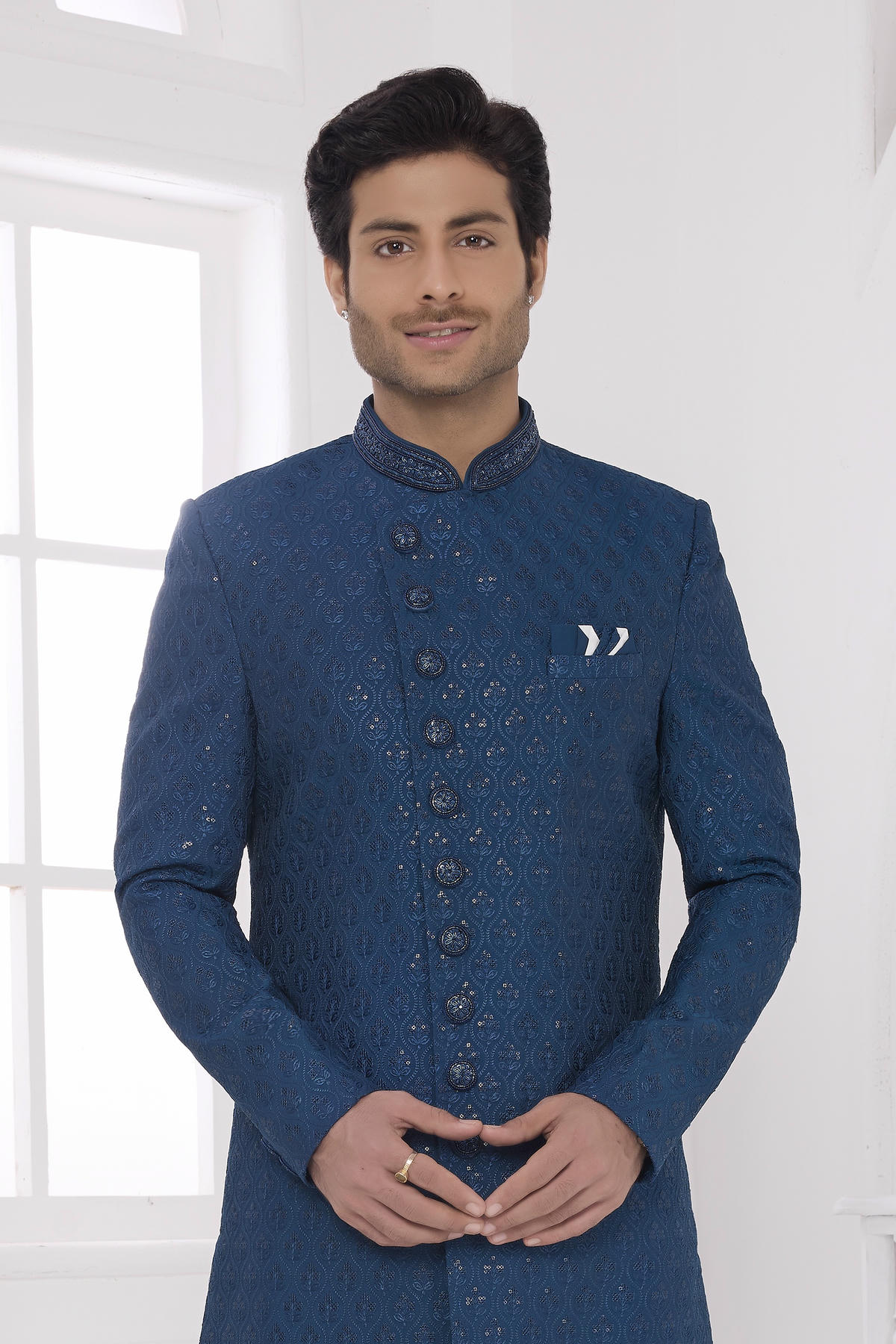 Teal Green Colour Art Silk Embroidery Work Sherwani
