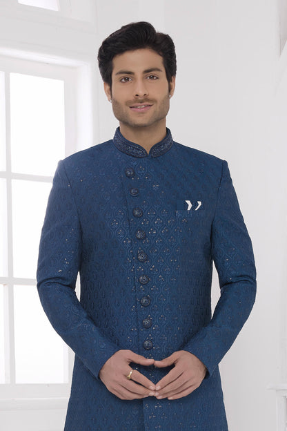 Teal Green Colour Art Silk Embroidery Work Sherwani