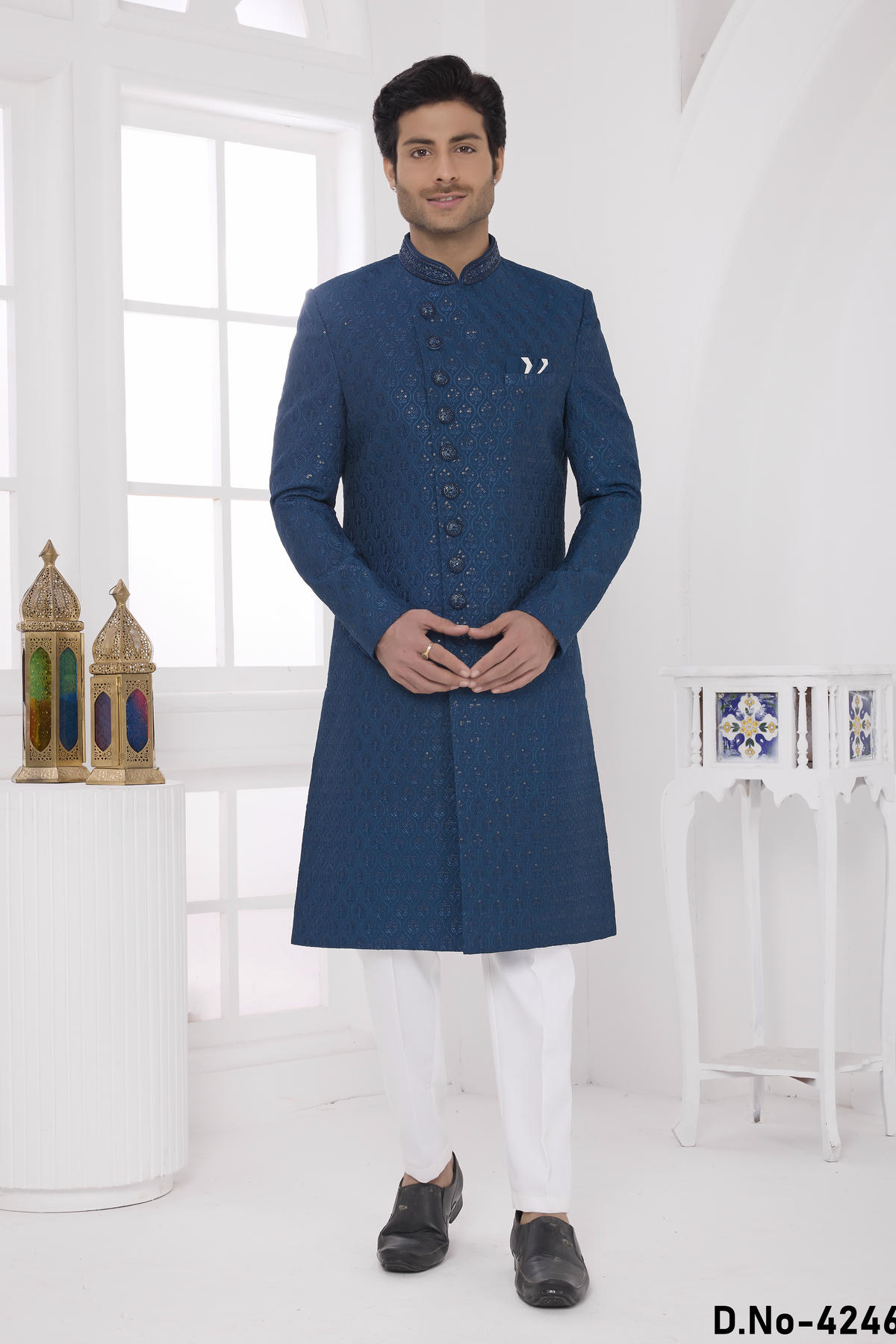 Teal Green Colour Art Silk Embroidery Work Sherwani